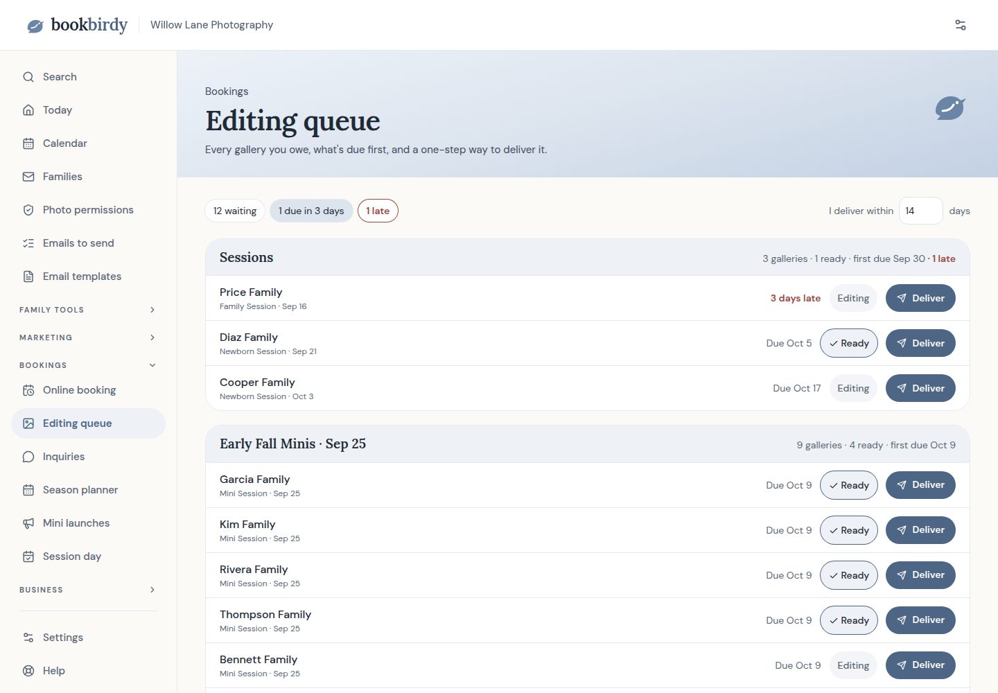 The Editing queue on a laptop: every gallery owed, what is due first, and a Deliver button on each family