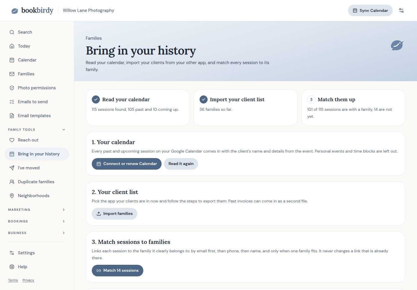 The Bring in your history screen showing the calendar step and how many sessions were found