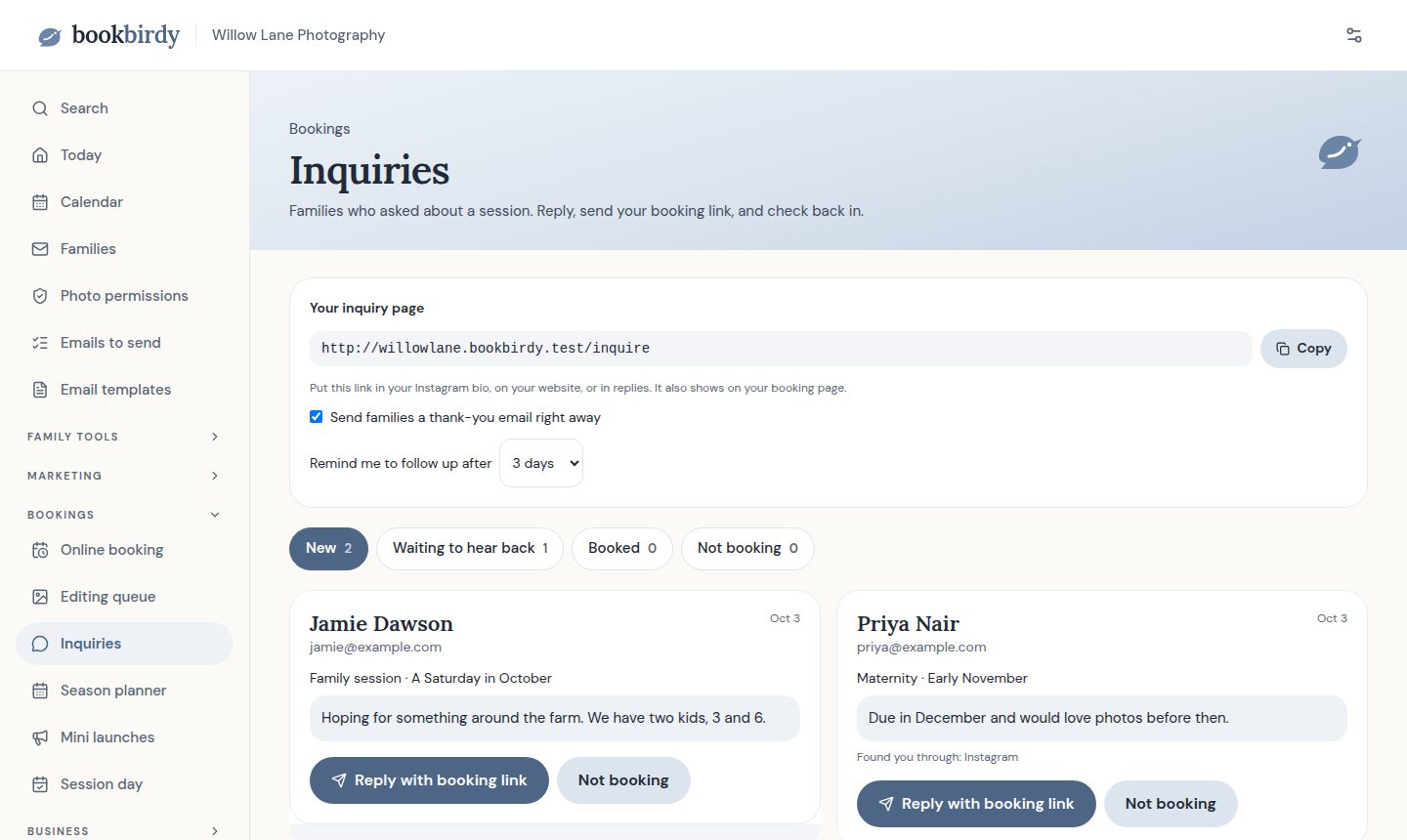 The Inquiries screen on a laptop: two new families who asked about a session, each with a reply button that sends your booking link