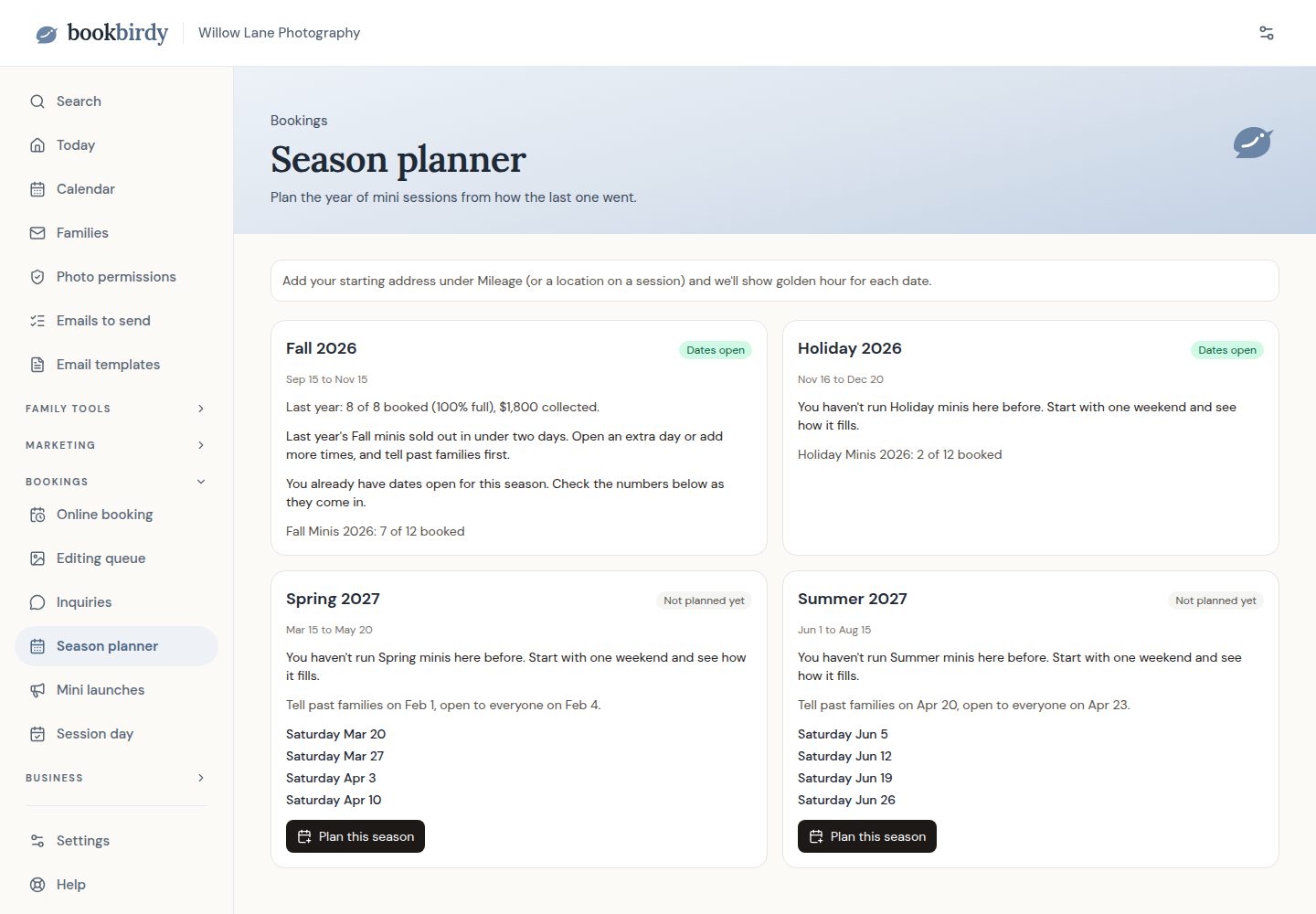 The Season planner on a laptop: last fall sold out, and the next seasons with suggested Saturdays and when to tell past families