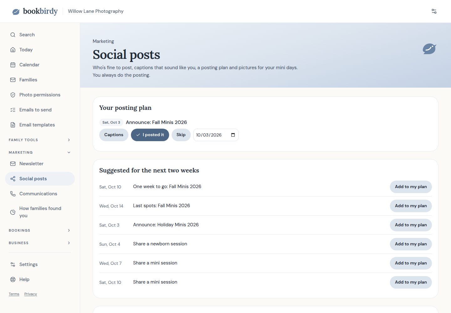 The Social posts screen on a laptop: your posting plan and suggested posts for the next two weeks