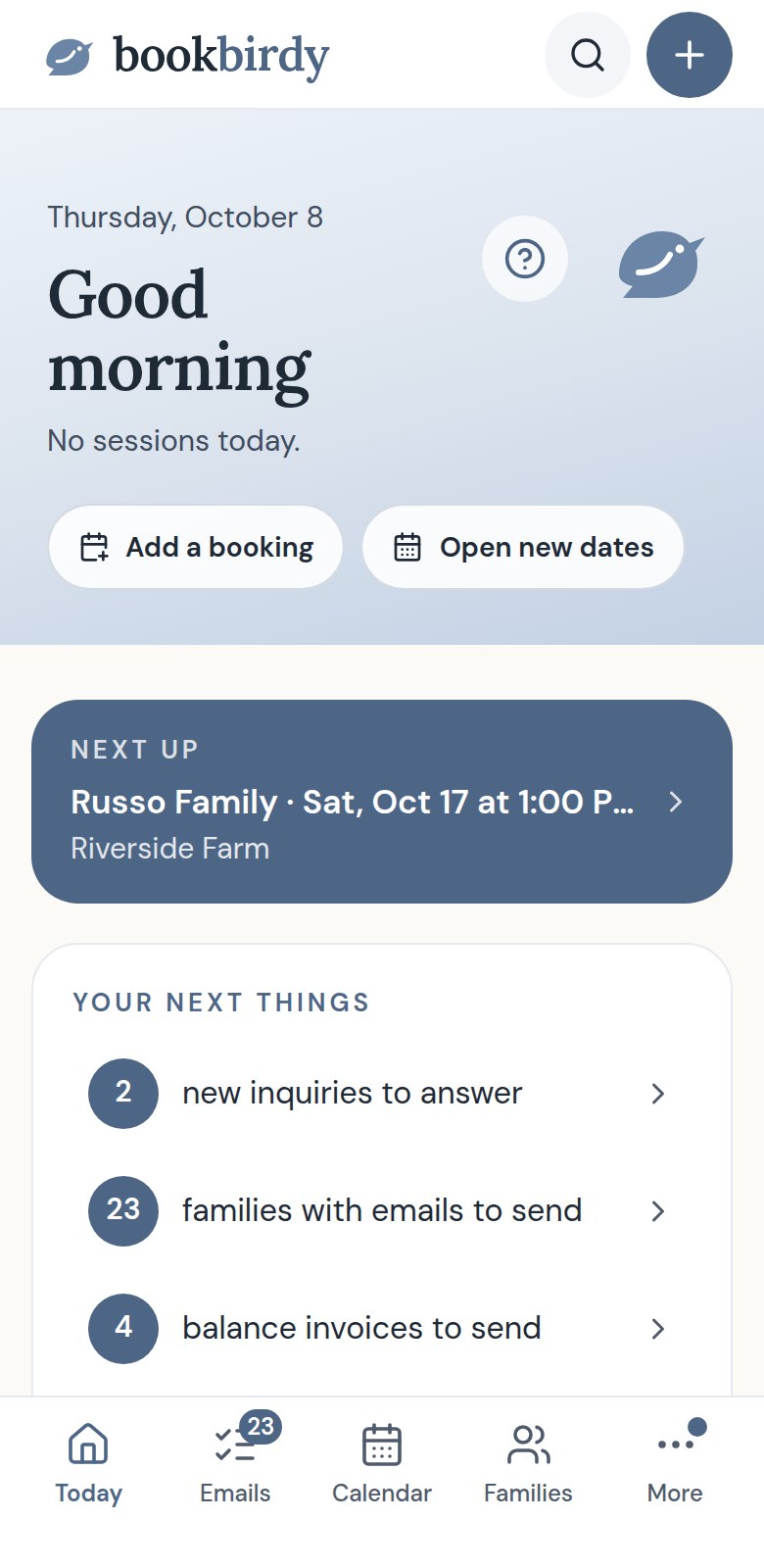 The bookbirdy Today screen on a phone: your next session, what to do next, and a tab bar along the bottom