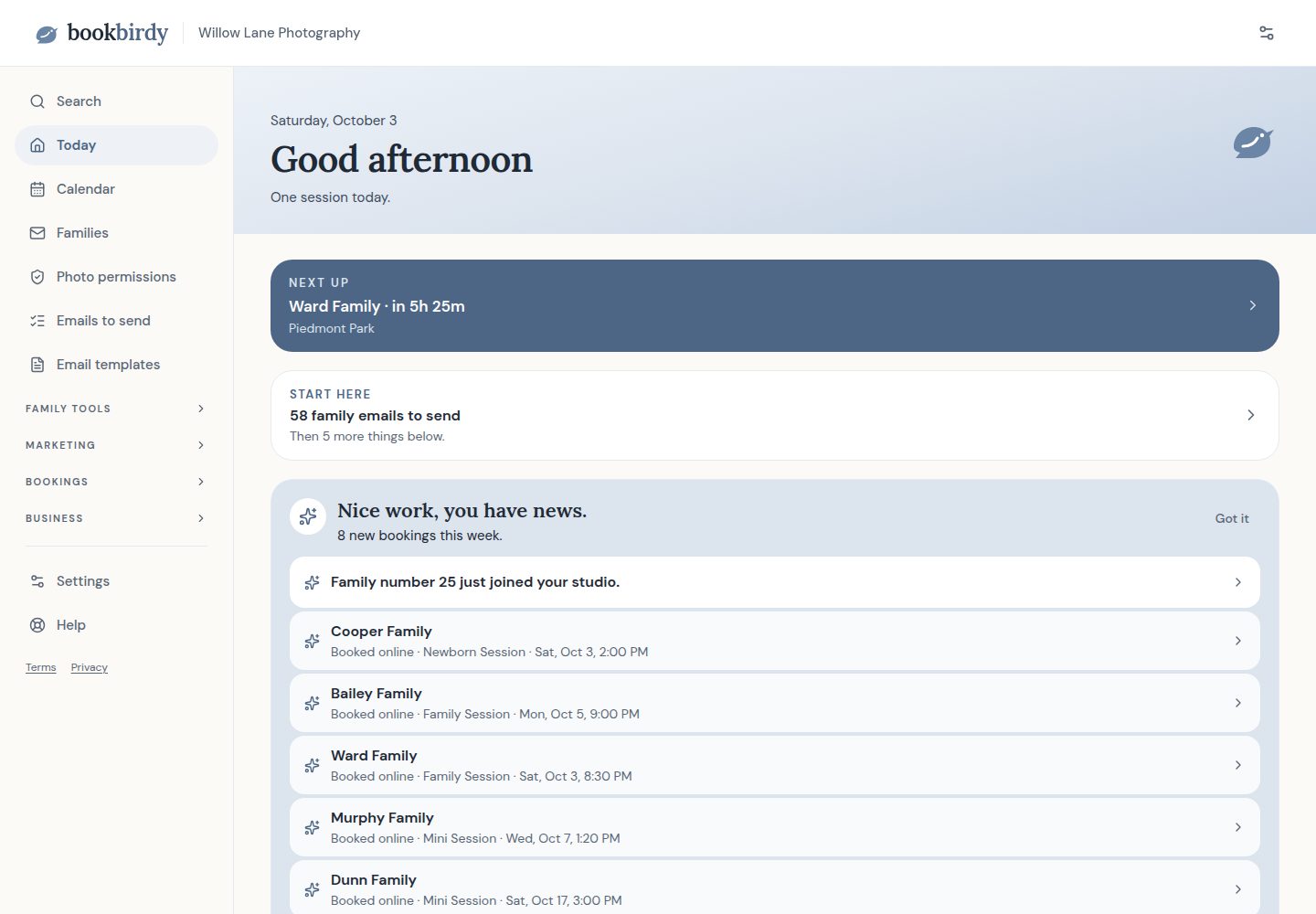 The bookbirdy Today screen on a laptop: your next session, what needs attention and new bookings