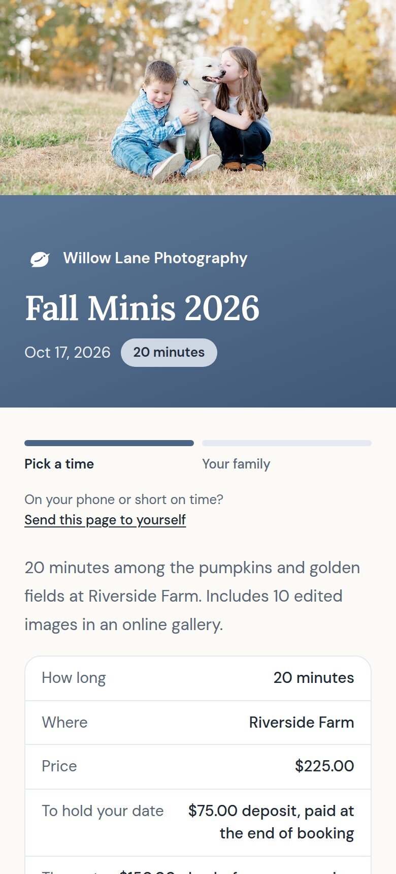 A bookbirdy booking page on a phone: a family photo across the top, the session name and date, the price and deposit, and a step to pick a time