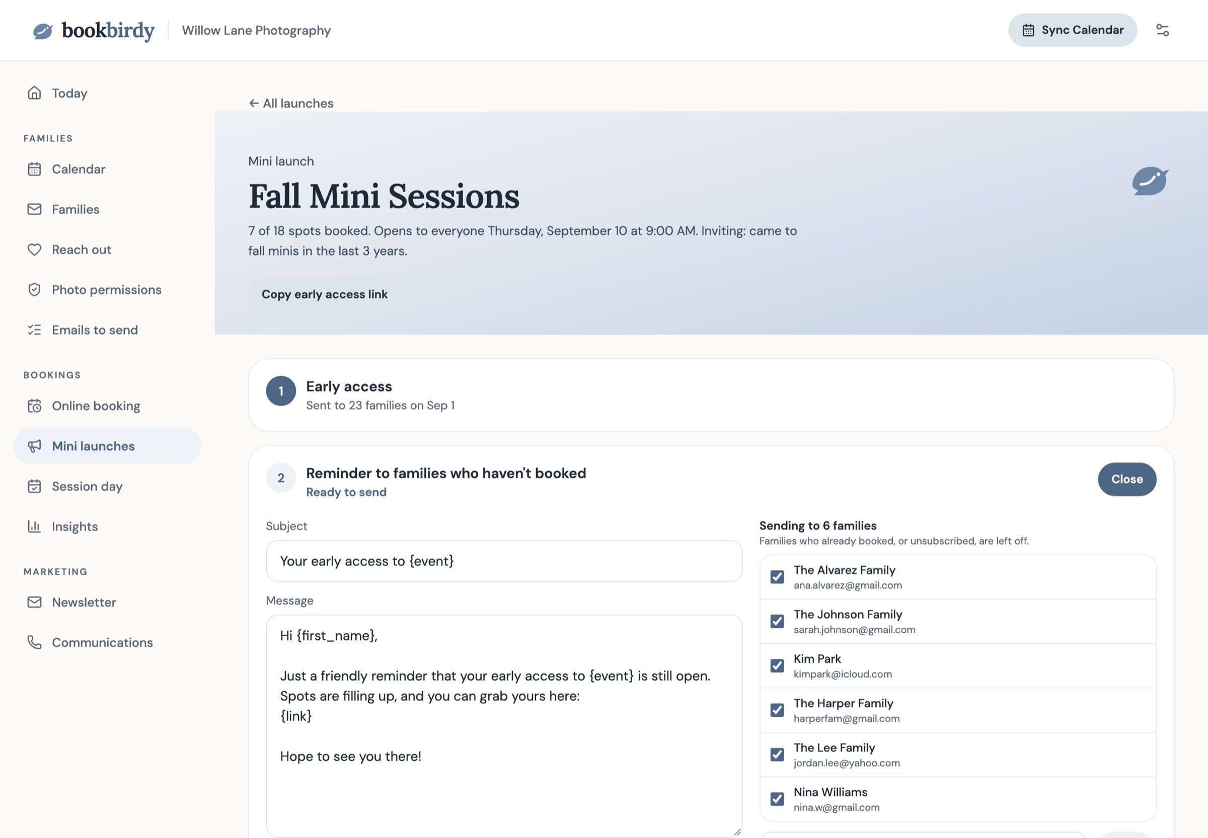 A mini launch on a laptop: early access already sent to 23 families, and the reminder email open with the six families it will go to